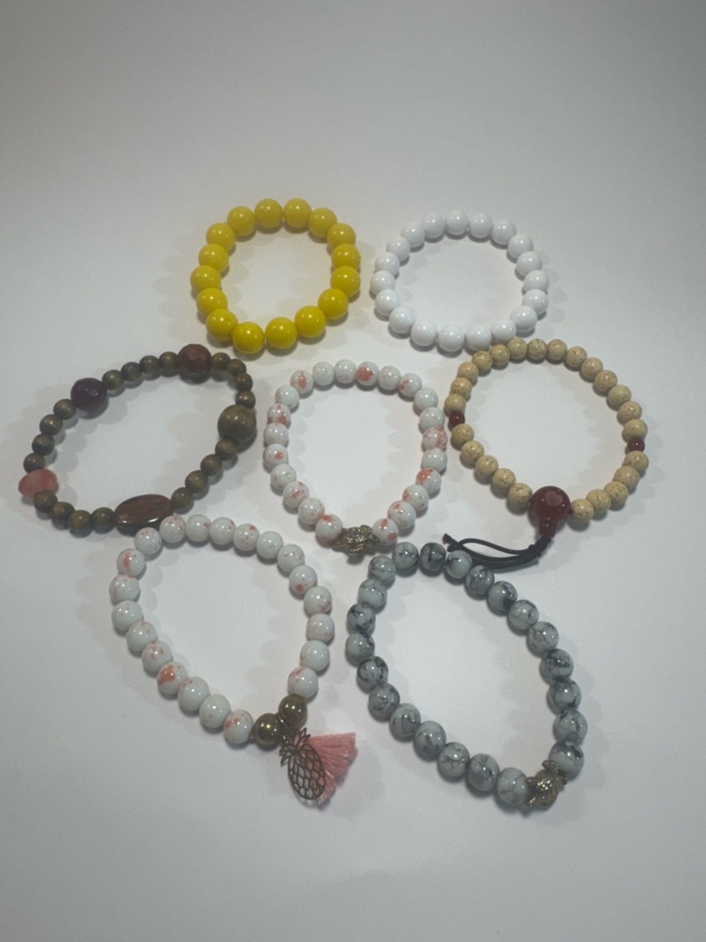 Set of 8 Beaded Stretch Bracelets - Yellow, White, Tan, Gray, Pink Accents